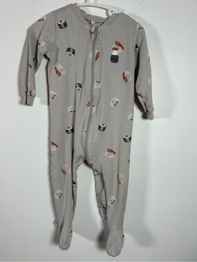 Cozy Light Gray Baby Footed One-Piece with Sushi Print